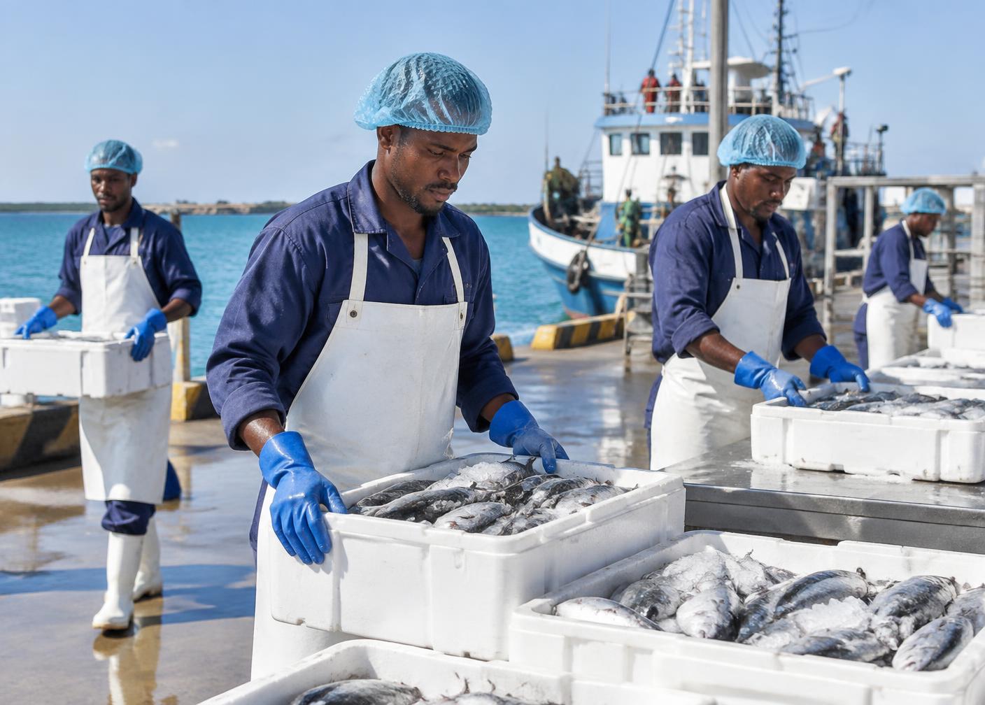 Somali fisheries workers handling fresh seafood